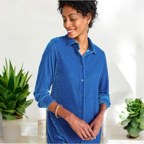 Soft Surroundings Blue Velour Boyfriend Button Down Tunic Shirt - Picture 6 of 16